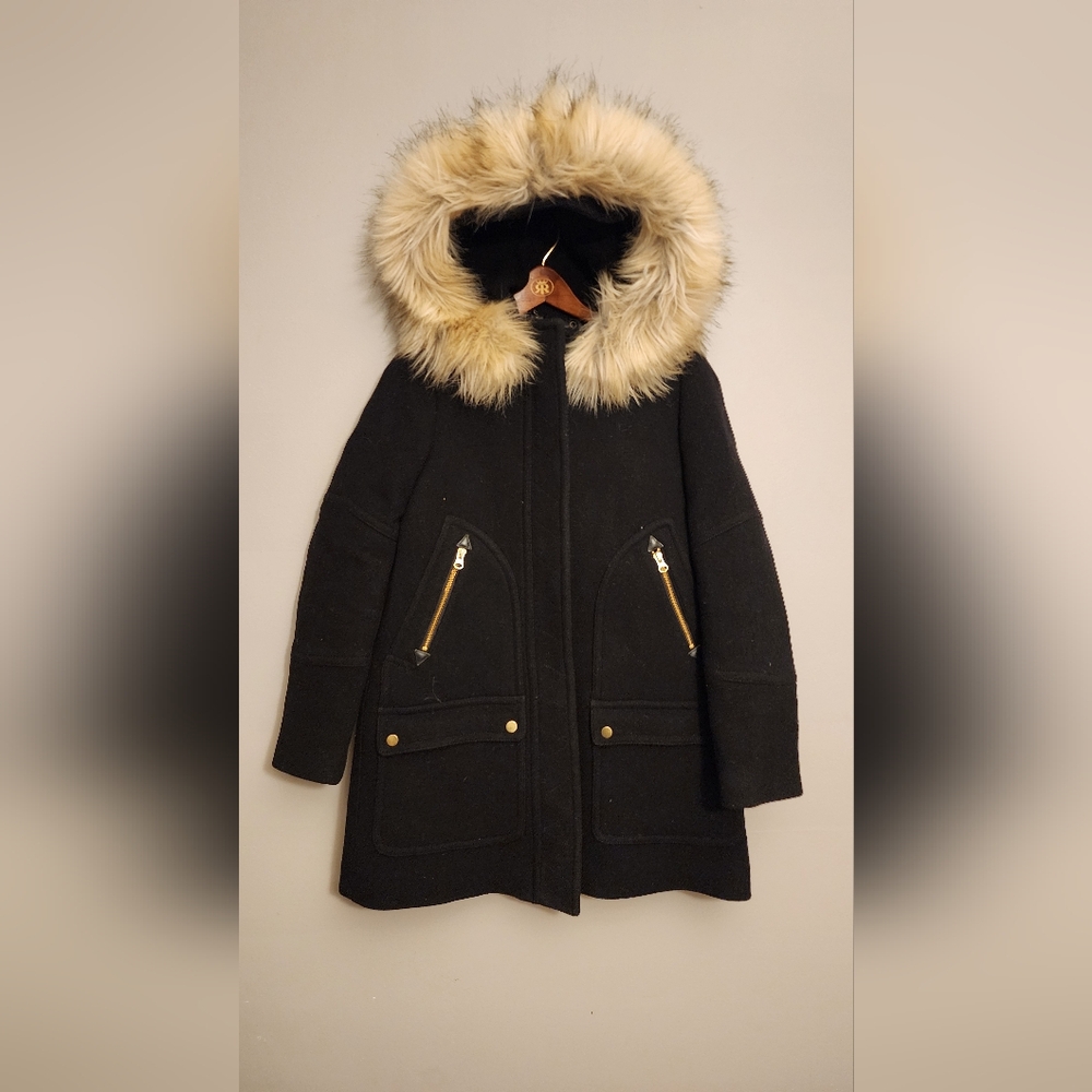 J.Crew Black Hooded Parka Coat Jacket With Faux Fur Hood Size 0